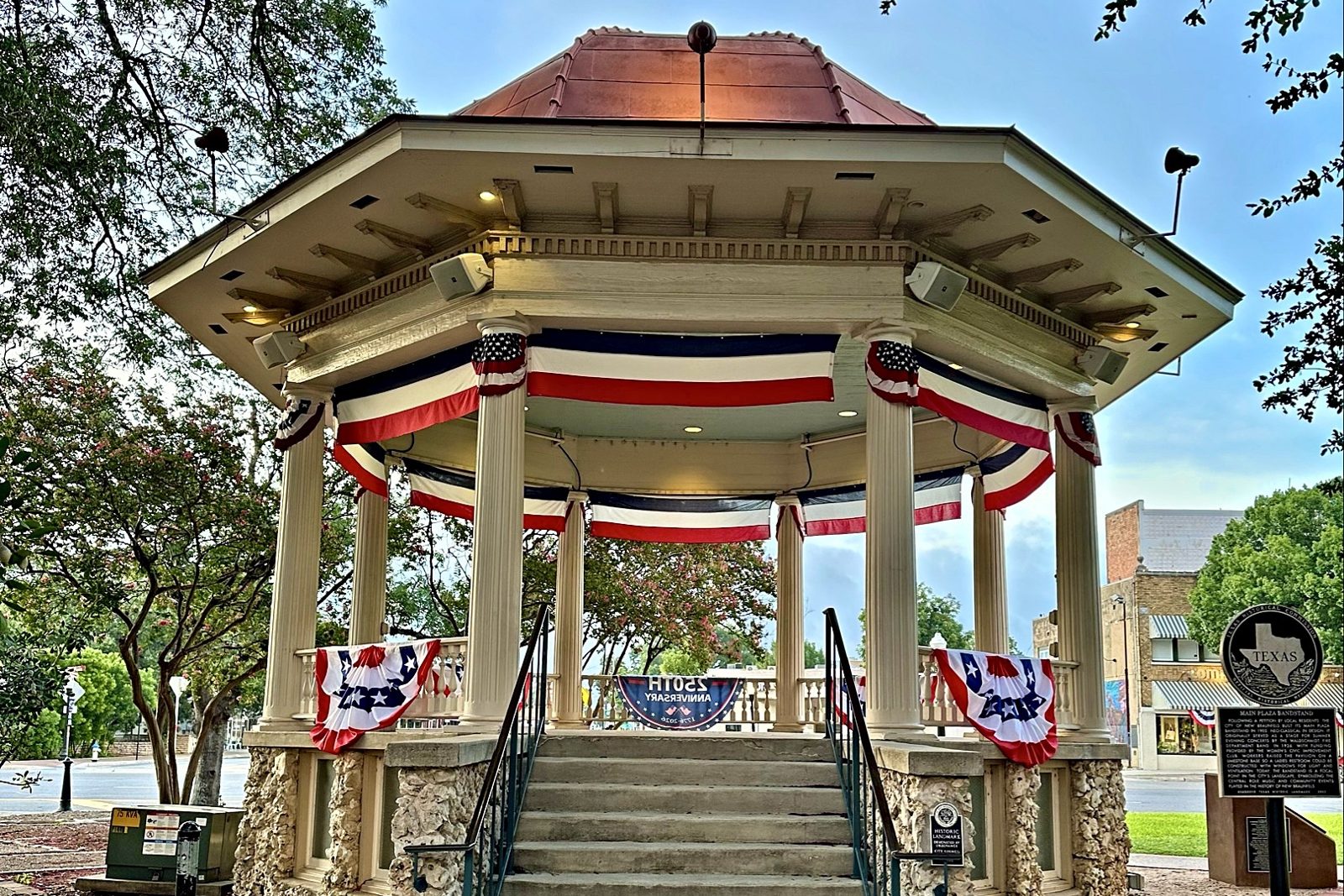 The Main Plaza bandstand in downtown New Braunfels, decorated with red, white and blue bunting