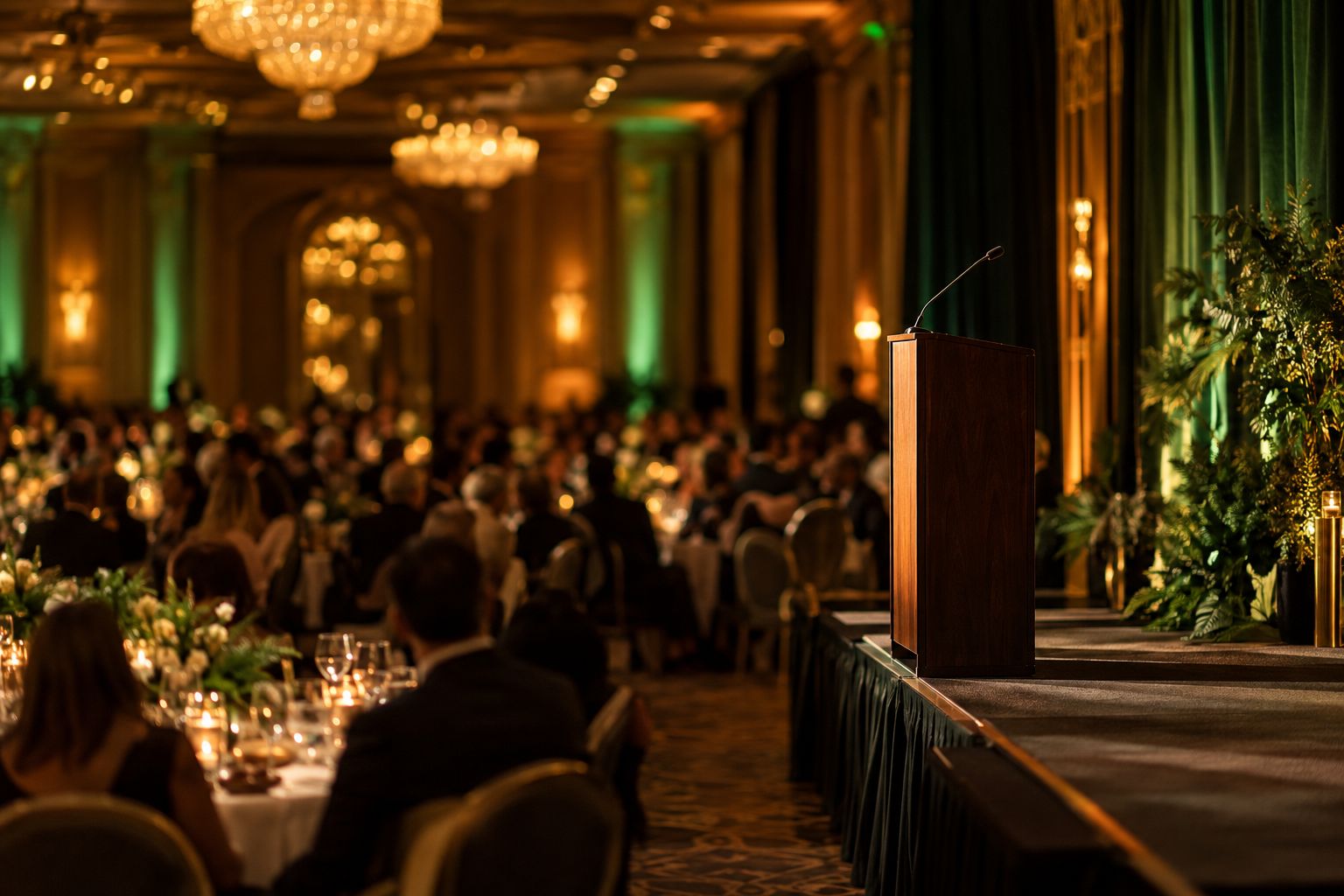 An elegant ballroom set for an awards dinner, with a podium on a lit stage